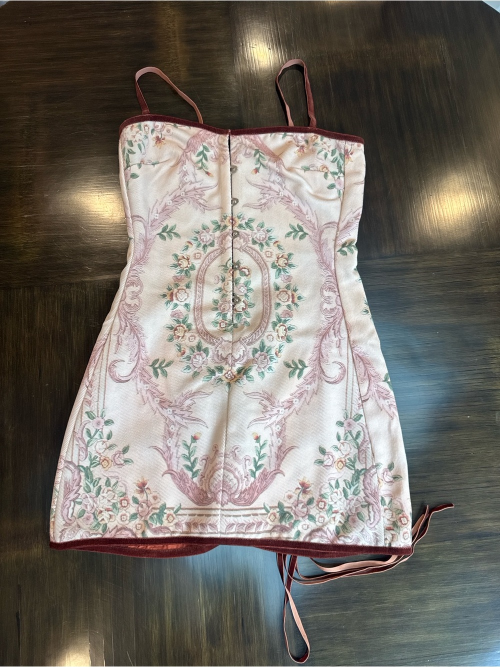 With Jean Floral Pink and Cream Spaghetti Strap Mini Dress with ties up the back